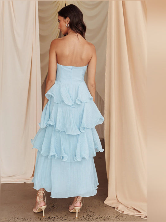 Blue midi formal dress with strapless neckline, alternate view