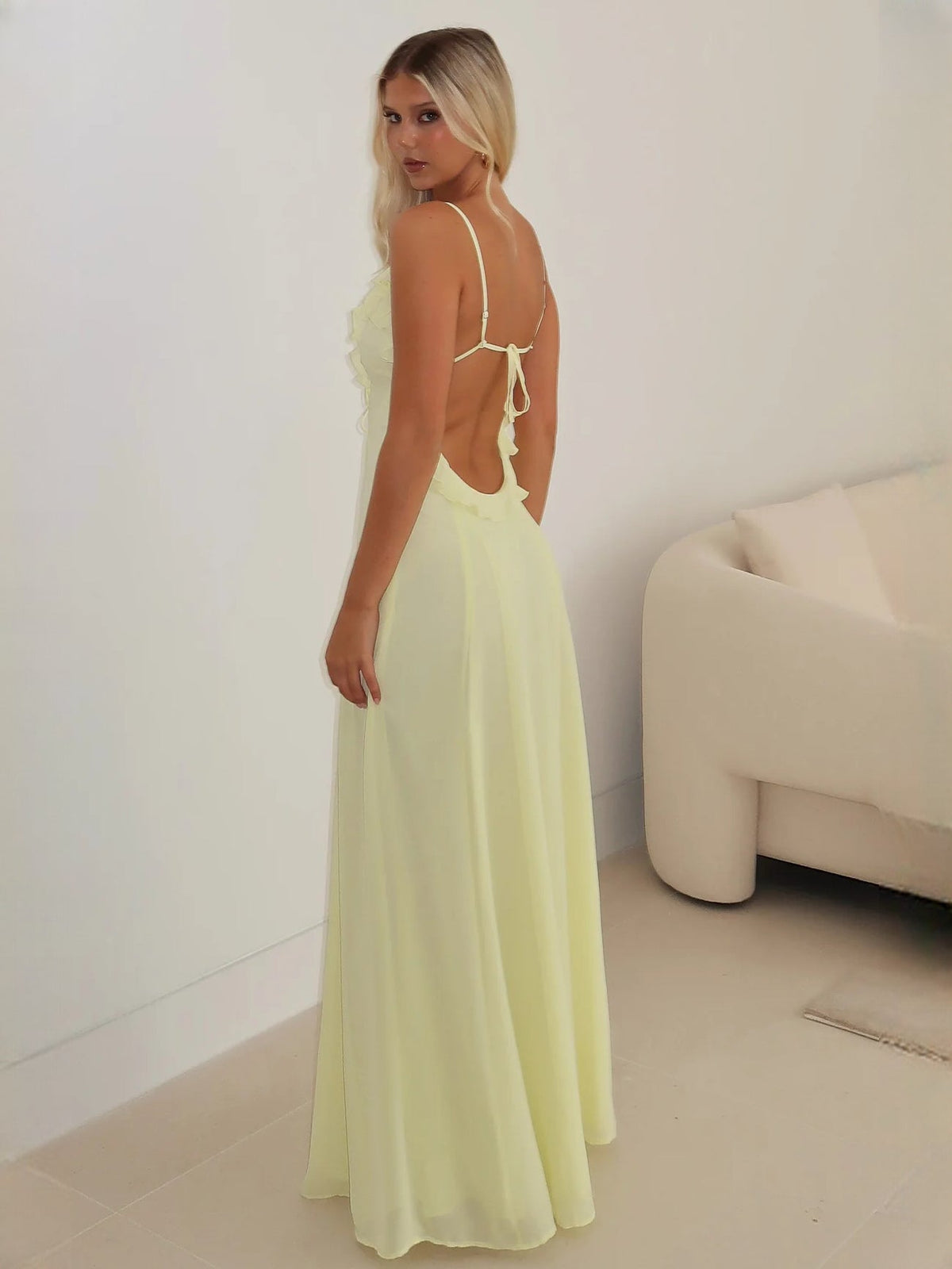 Pale Yellow a-line maxi formal dress with ruching, full-length back view
