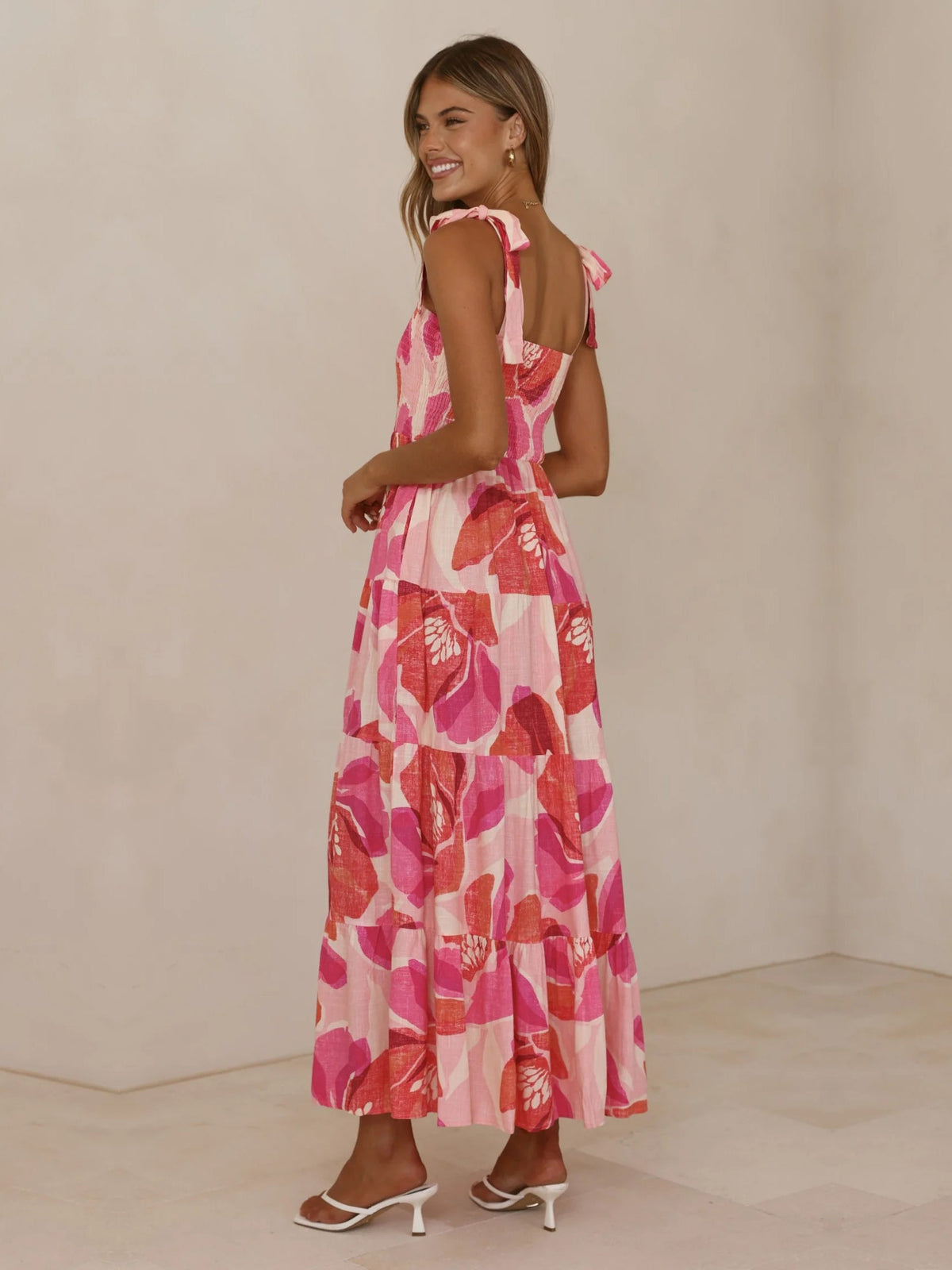 Pink a-line maxi formal dress with tiered skirt, alternate view
