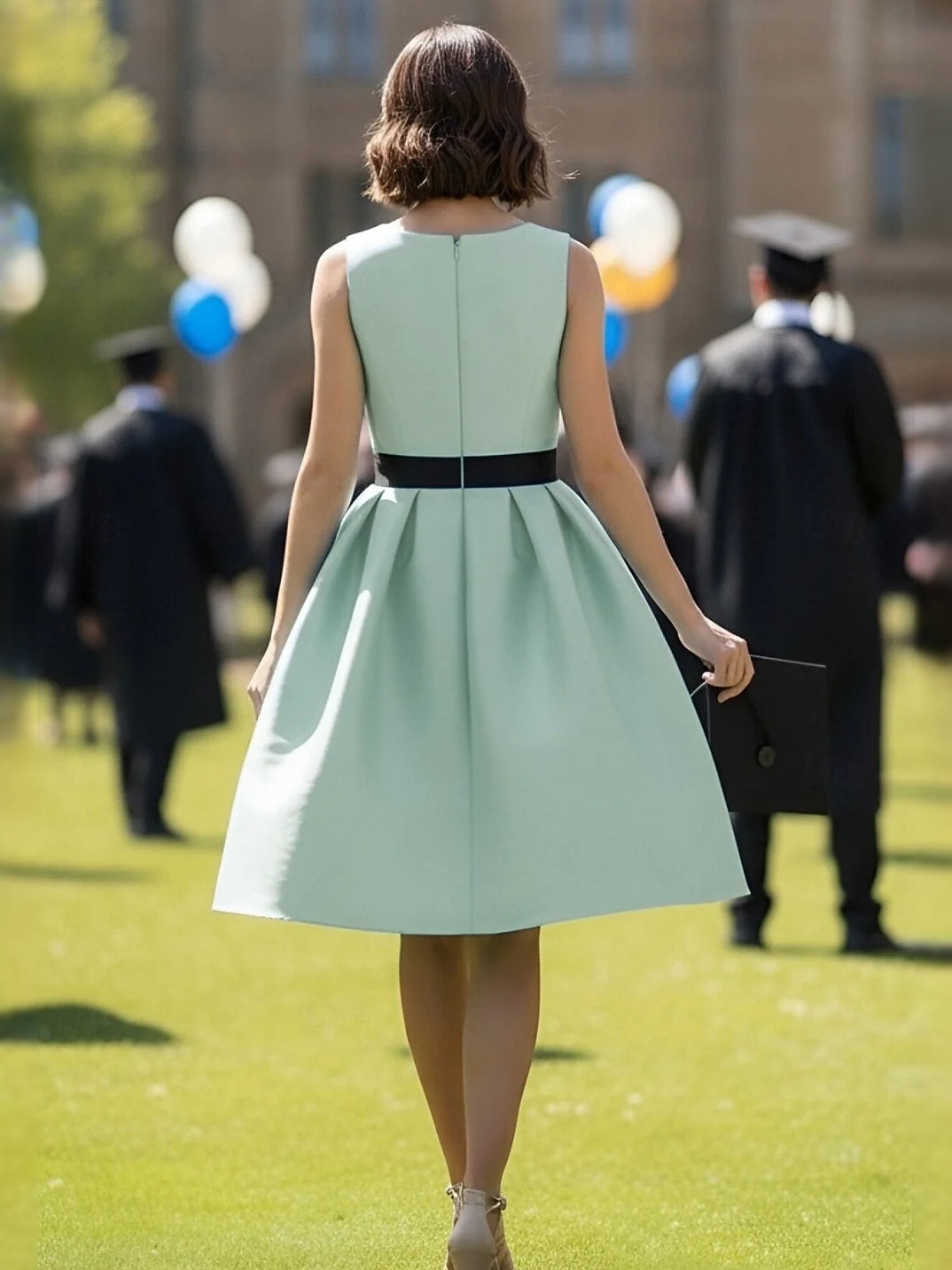 Back view: mint green sleeveless A-line dress with pleated skirt and black waist belt