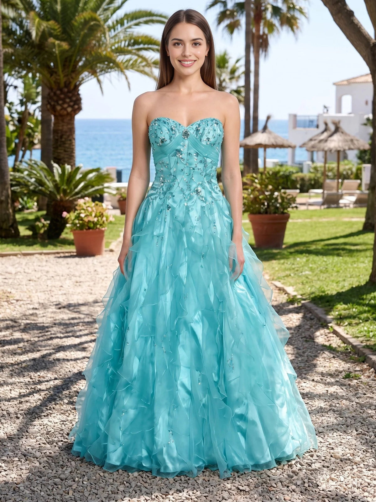 Turquoise sweetheart corset prom dress with layered ruffled tulle ball gown skirt