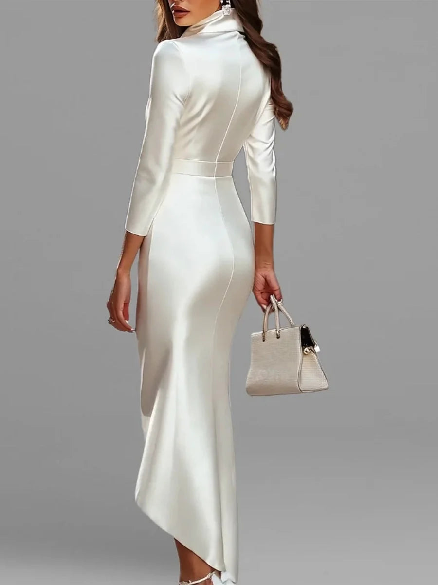 Ivory satin mermaid midi dress with V-neck and 3/4 sleeves, fitted silhouette with curved hem