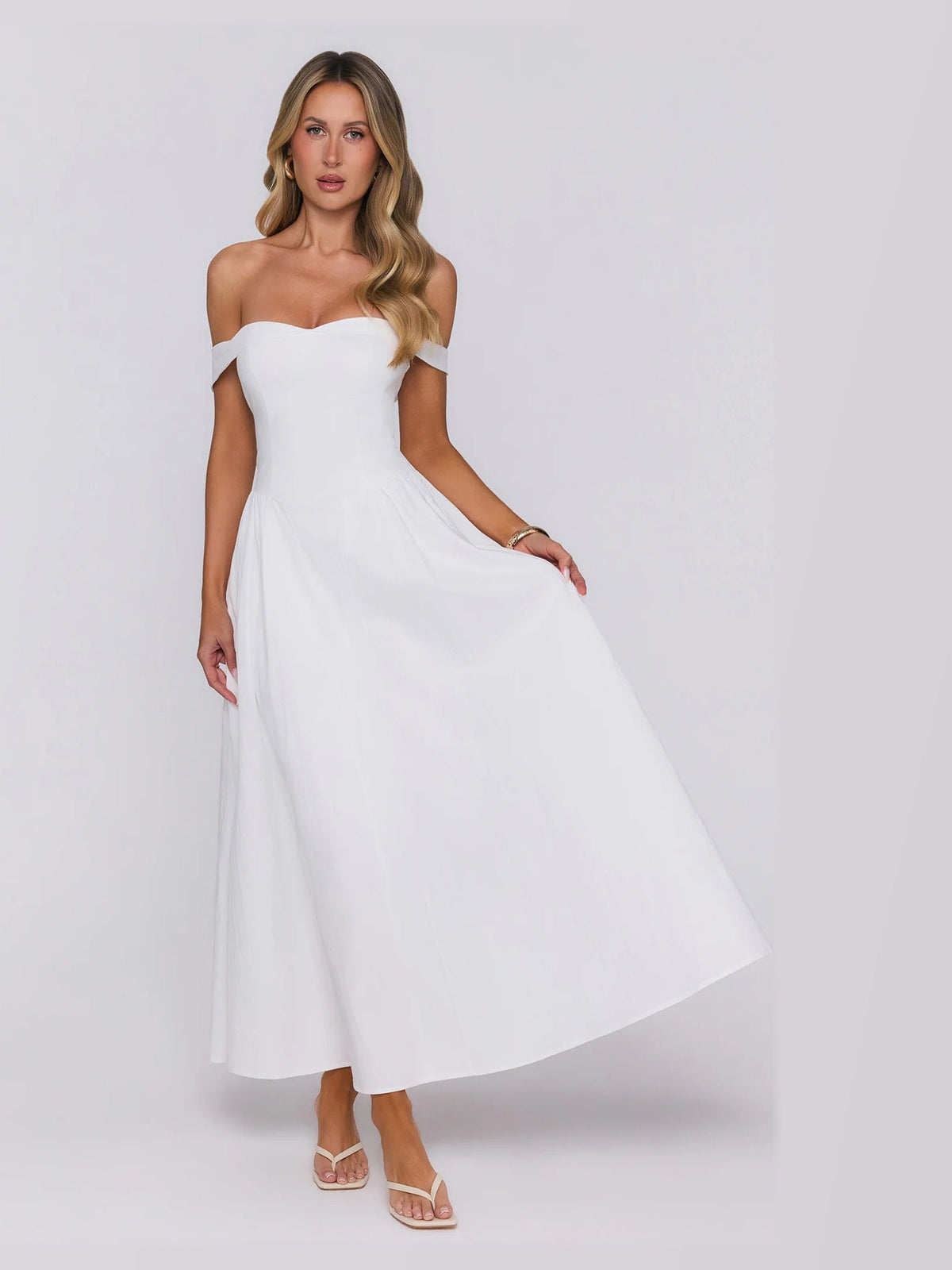 White formal dress with off shoulder neckline