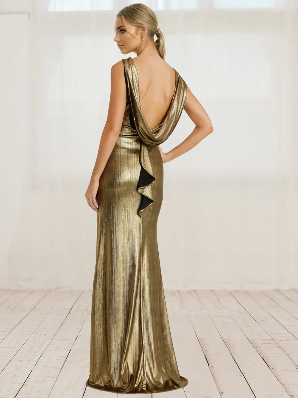 Gold sleeveless mermaid formal dress, open back with draped cowl and ruffle