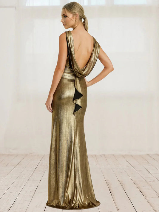 Gold sleeveless mermaid formal dress, open back with draped cowl and ruffle