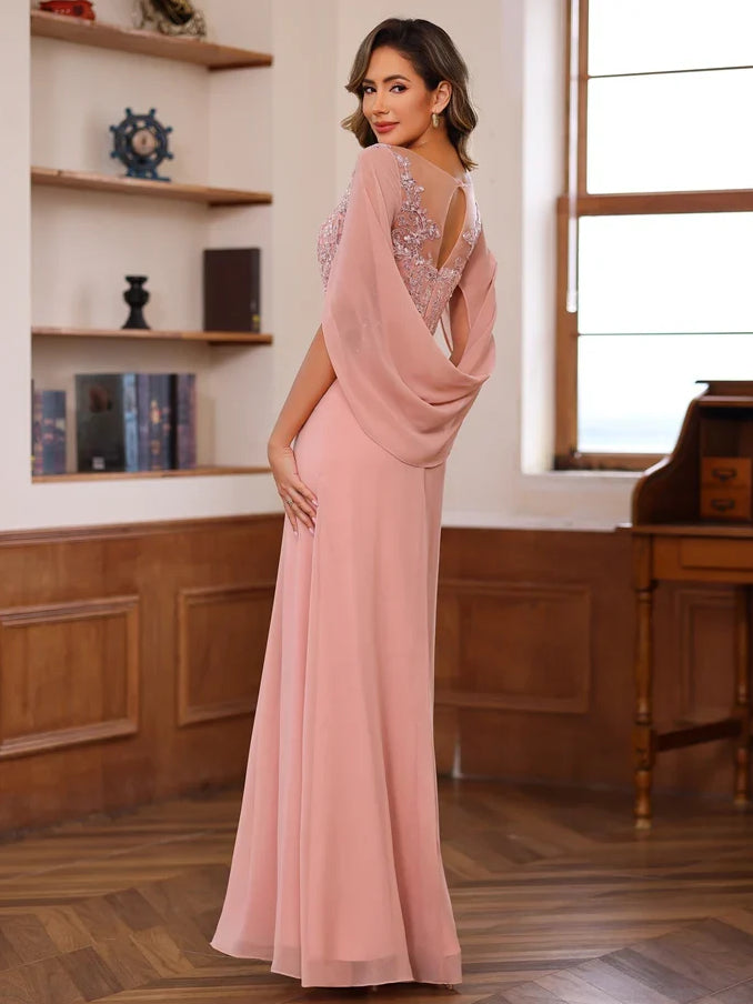Floor-length dusty pink chiffon sheath dress with floral appliqué and open back
