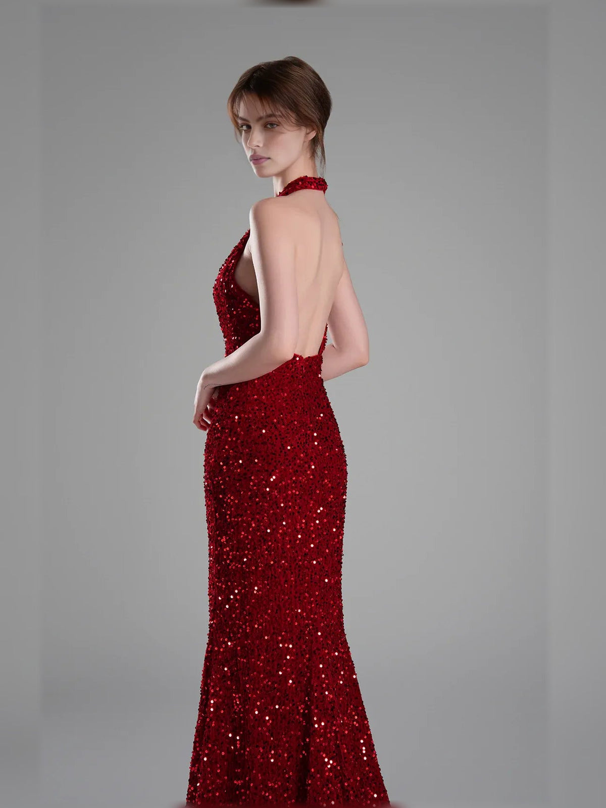 Deep red halter neck mermaid formal dress with open back and front slit