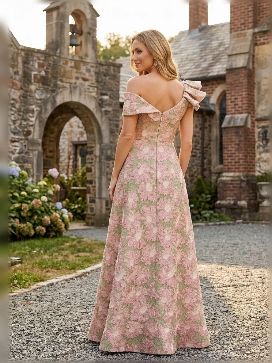 Pink floral one-shoulder A-line floor-length dress with draped ruffle and open back