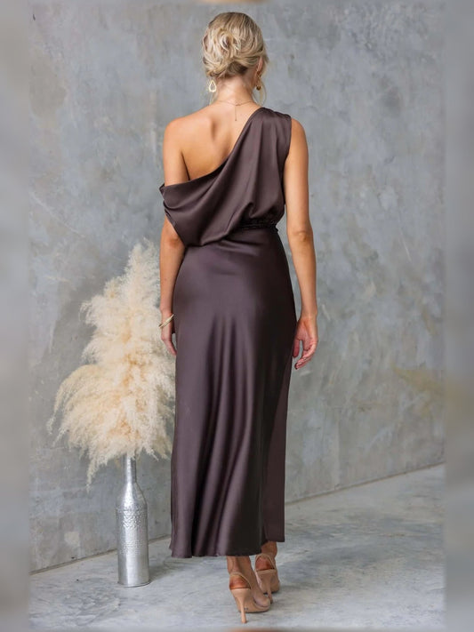 Dark satin one-shoulder A-line bridesmaid dress, one-strap back, ankle-length