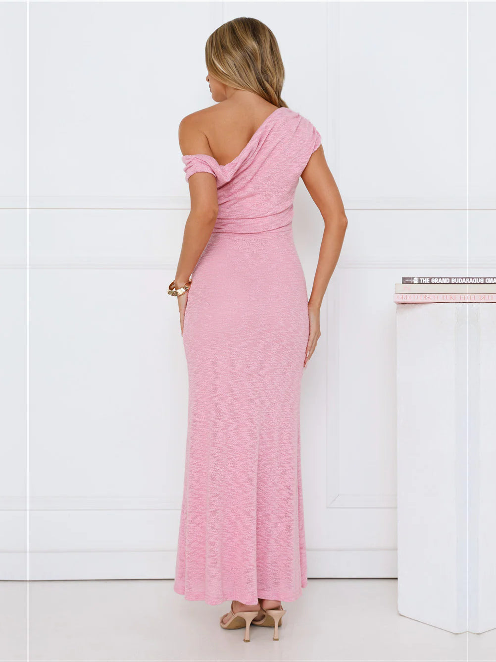 Pink sheath maxi formal dress with sheath, full-length back view