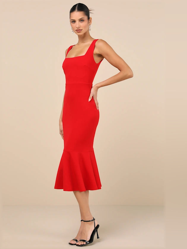 Red square-neck sleeveless trumpet midi dress, fitted waist and flared skirt