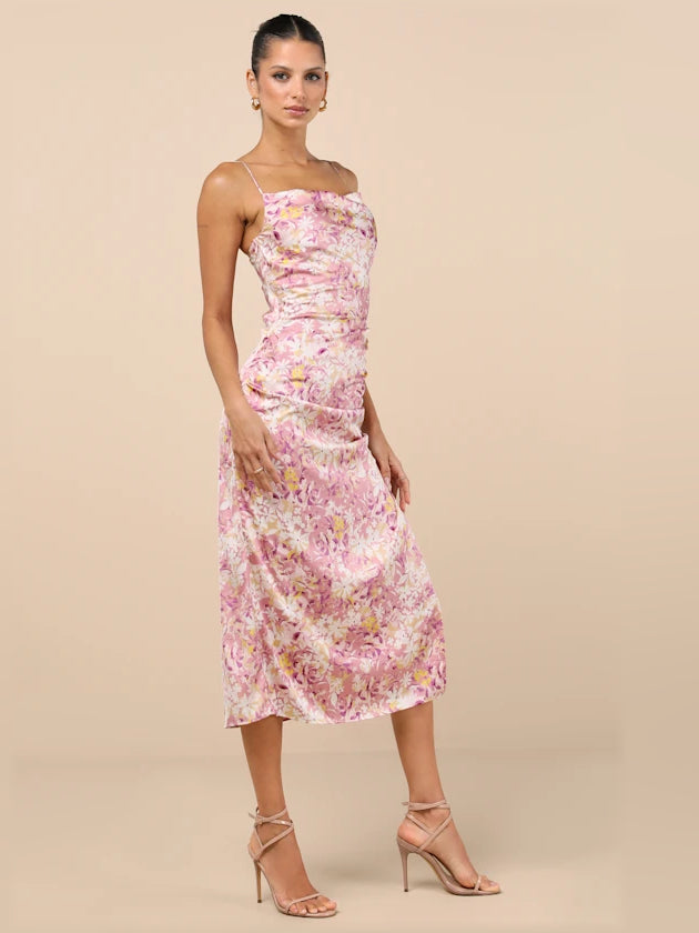 Pink floral ruched midi dress with thin spaghetti straps, fitted waist and skirt