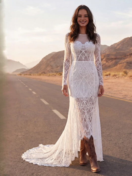 Ivory lace mermaid wedding dress, long sleeves, scoop neck, flowing floor-length train.