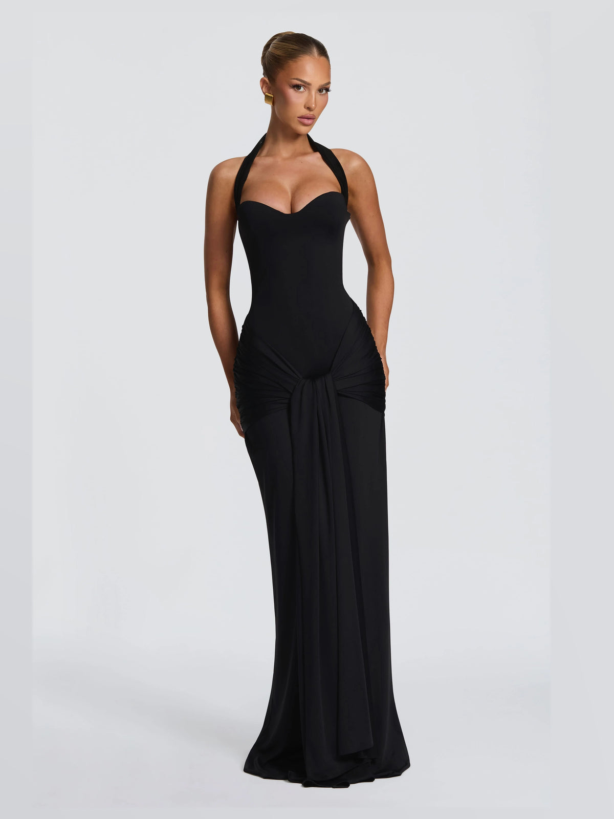 Black formal dress with a-line silhouette