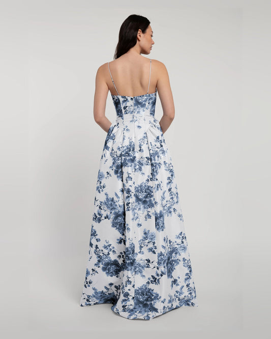 Blue floral A-line maxi dress, open back, spaghetti straps, gathered skirt
