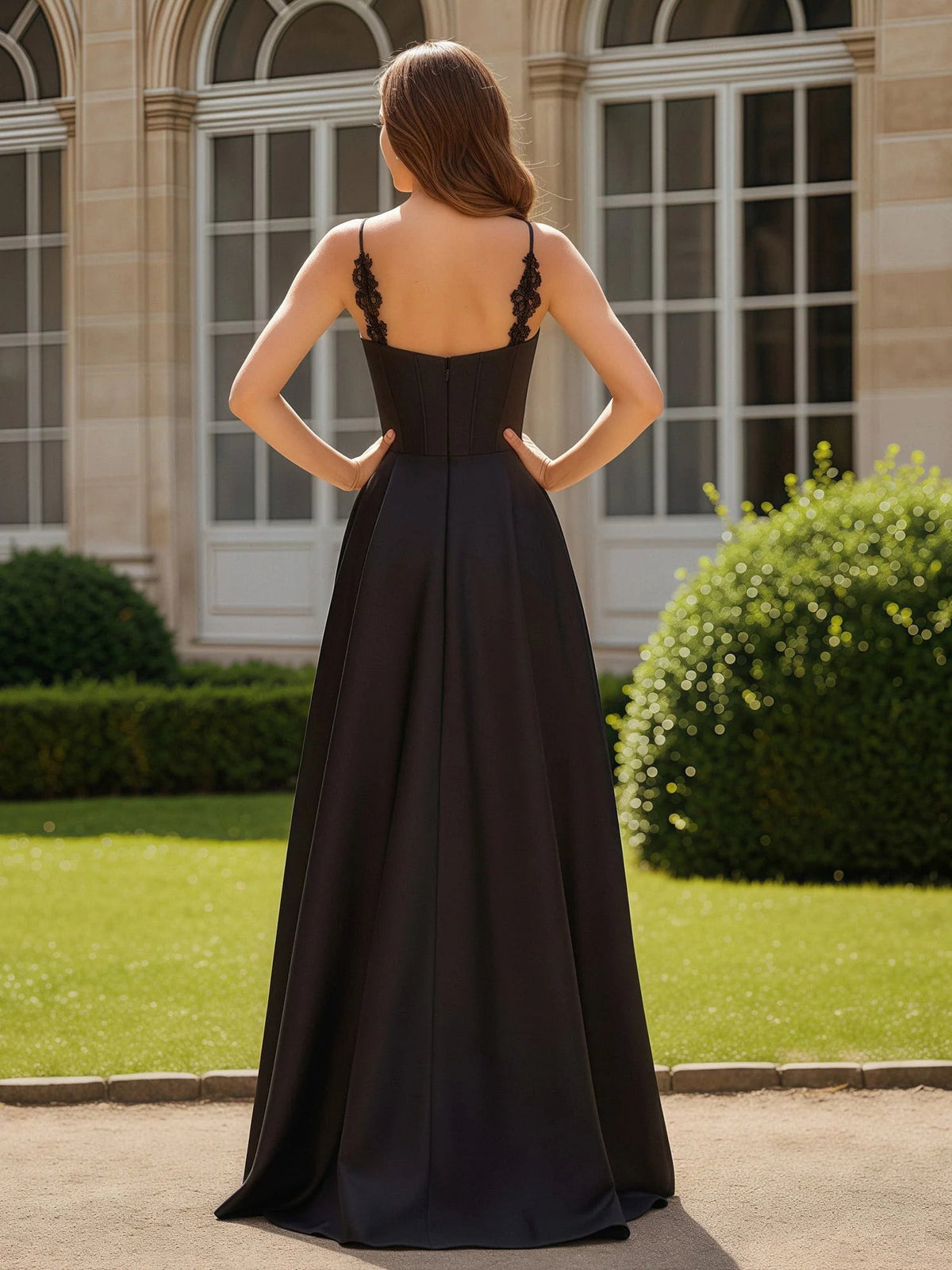 Black satin maxi prom dress back view, corset bodice with lace-up straps, flowing A-line skirt