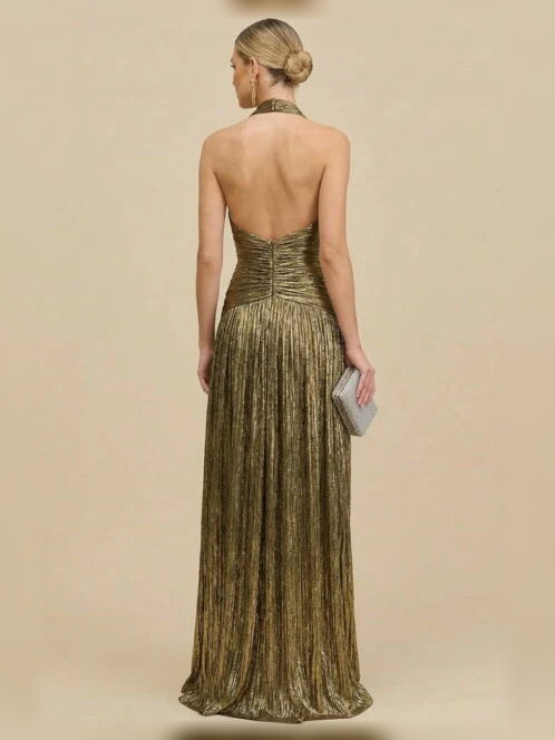 Gold halter neck pleated formal dress, open back, floor-length—back view