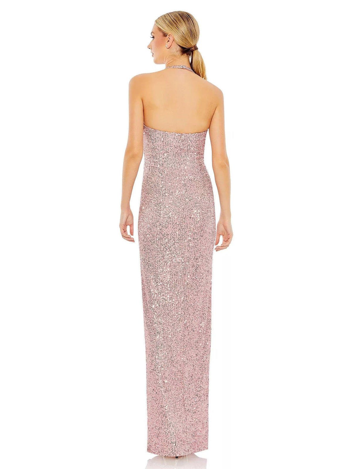 Dusty rose sequin halter sheath dress, open back with floor-length skirt