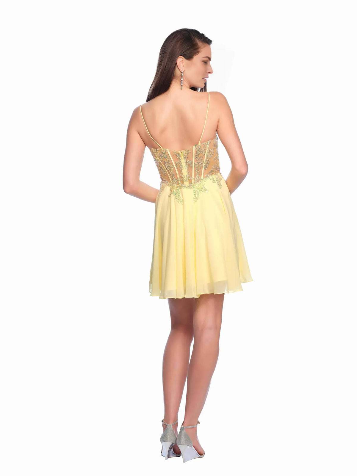 Lemon yellow corset beaded V-neck A-line short chiffon homecoming dress with open back