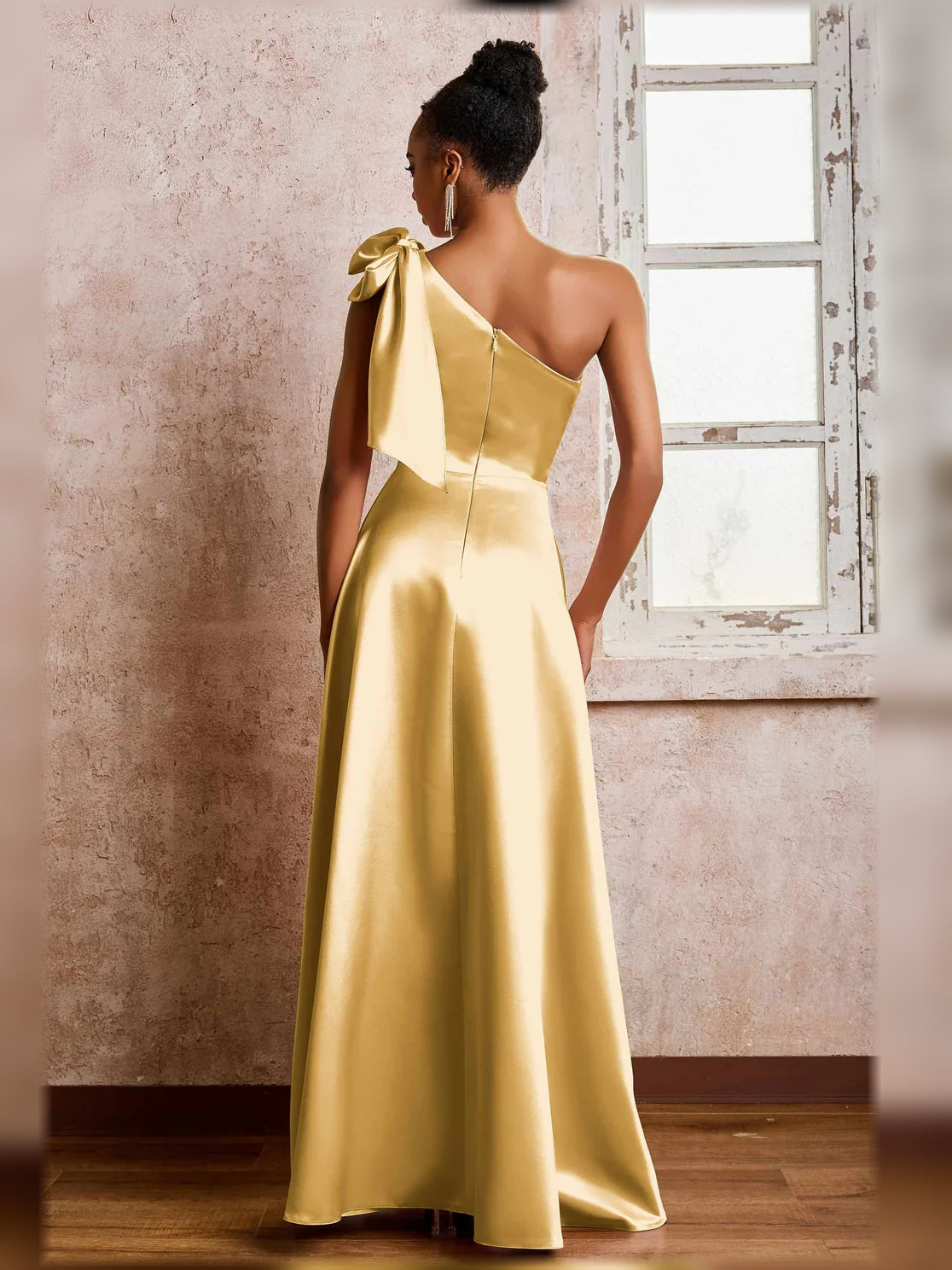 Gold one-shoulder satin A-line formal dress with side slit and draped shoulder detail
