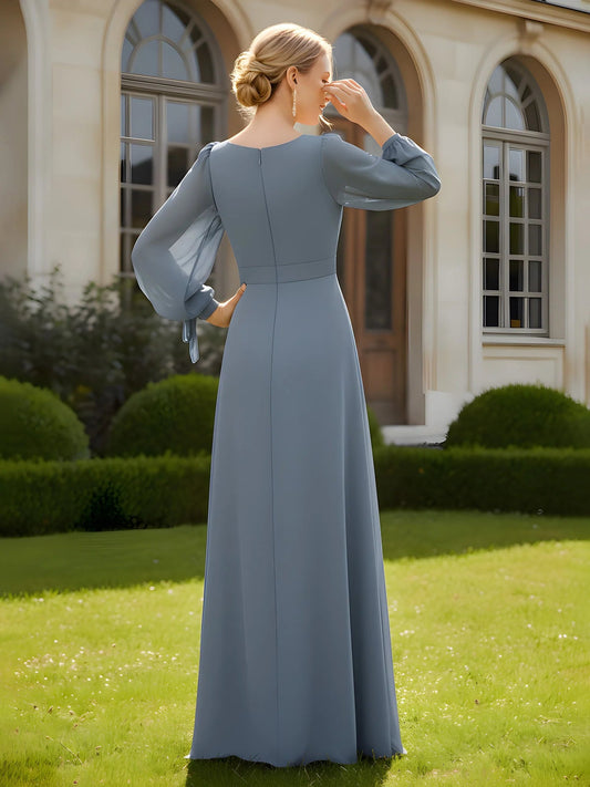 Dusty blue A-line chiffon dress back view, V-shaped neckline, long sleeves