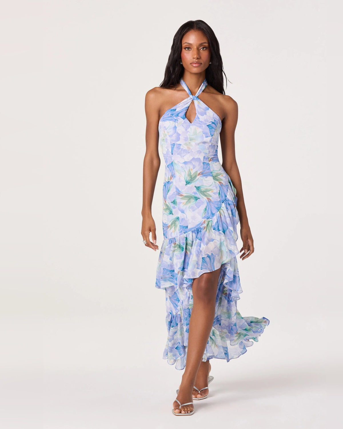 Pastel blue floral halter neck A-line high-low dress with layered ruffle hem