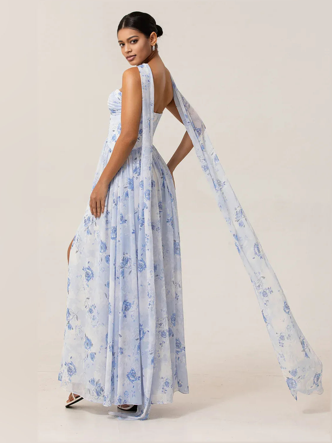 Blue floral chiffon maxi dress, strapless sweetheart front with long trailing back bow