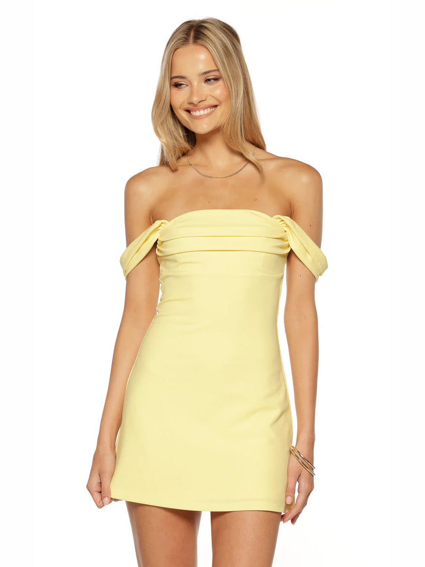 Yellow off-shoulder mini crepe dress with knot sleeves and smooth fitted skirt