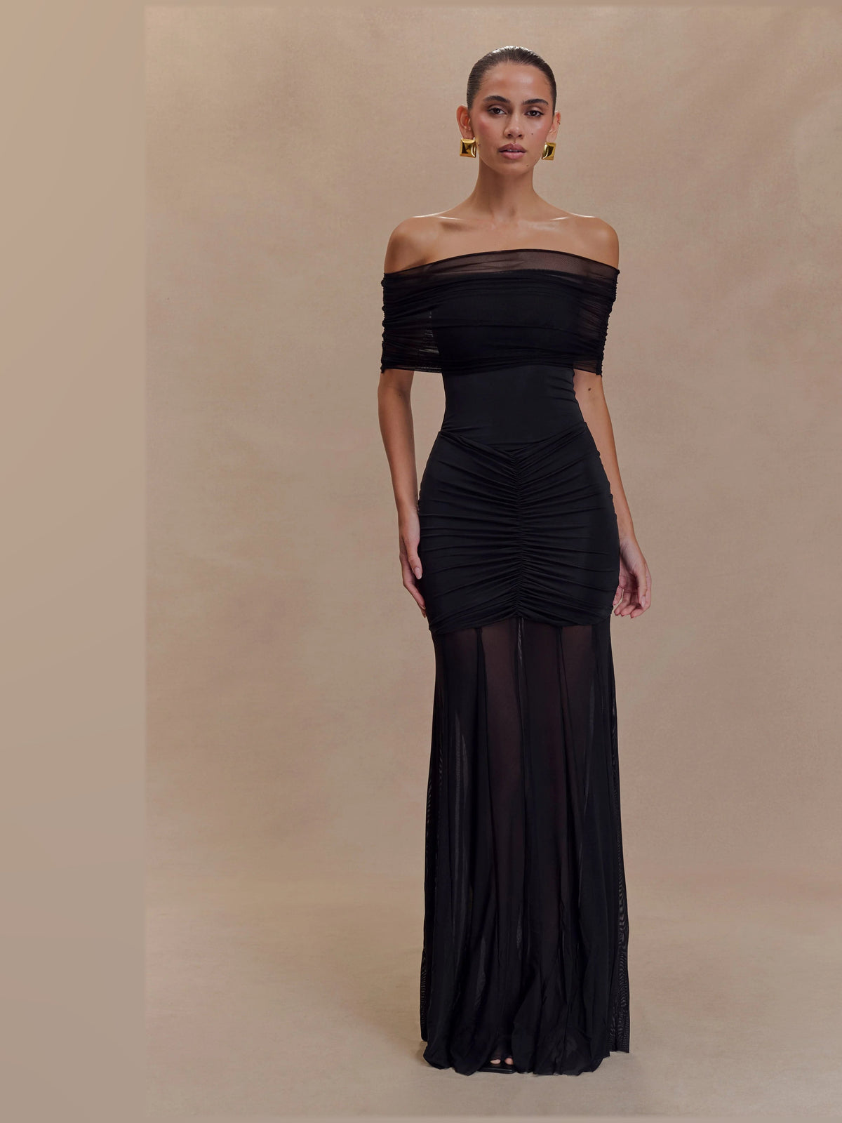 Black formal dress with off shoulder neckline