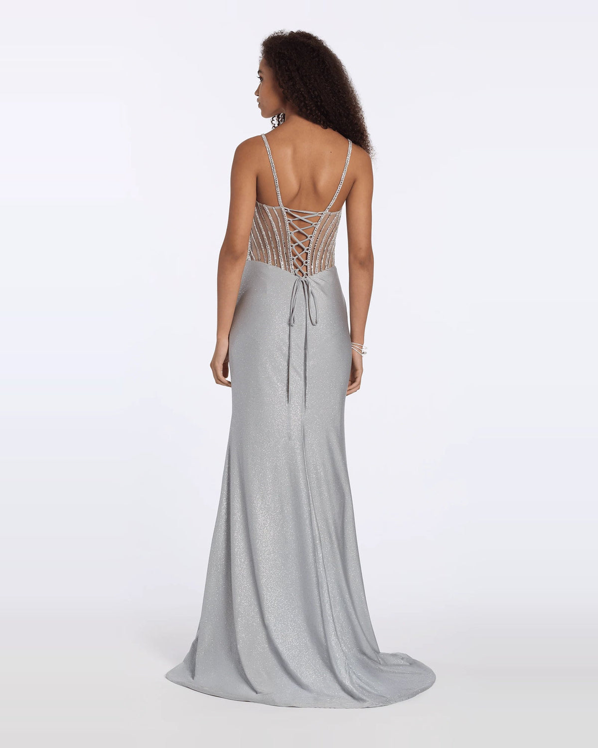 Silver ruched corset maxi prom dress, strappy open back with draped floor-length skirt