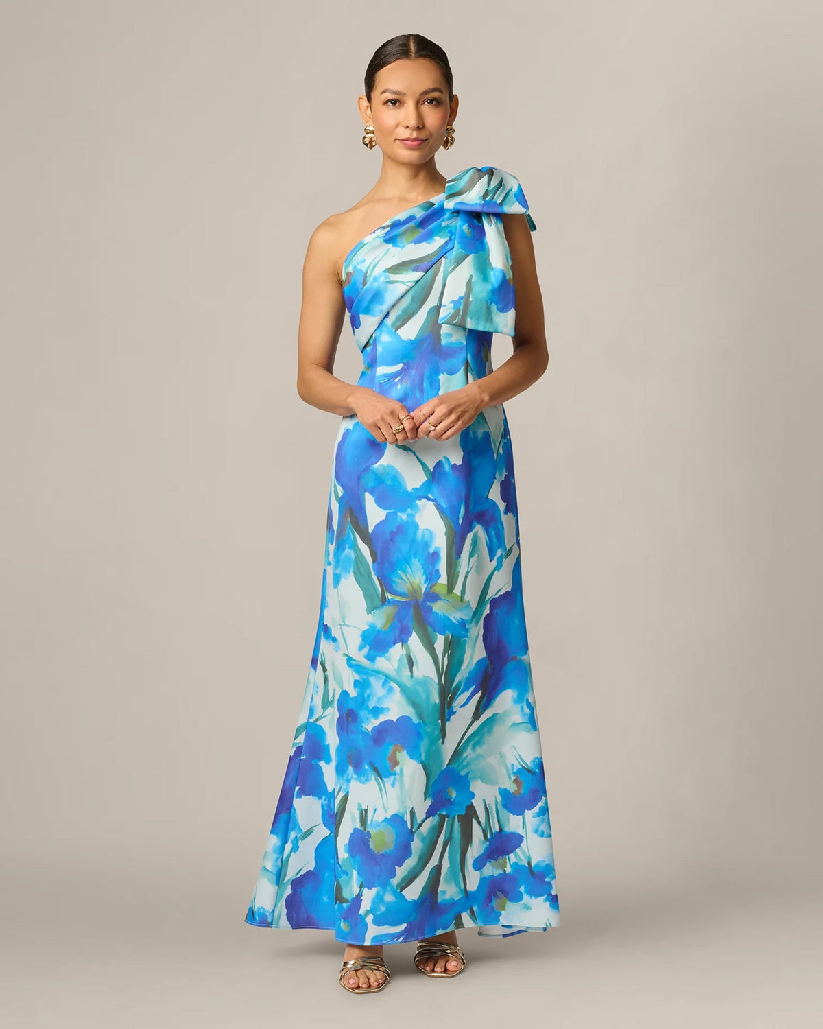 Blue floral one-shoulder mermaid maxi dress with bow detail and side ruching