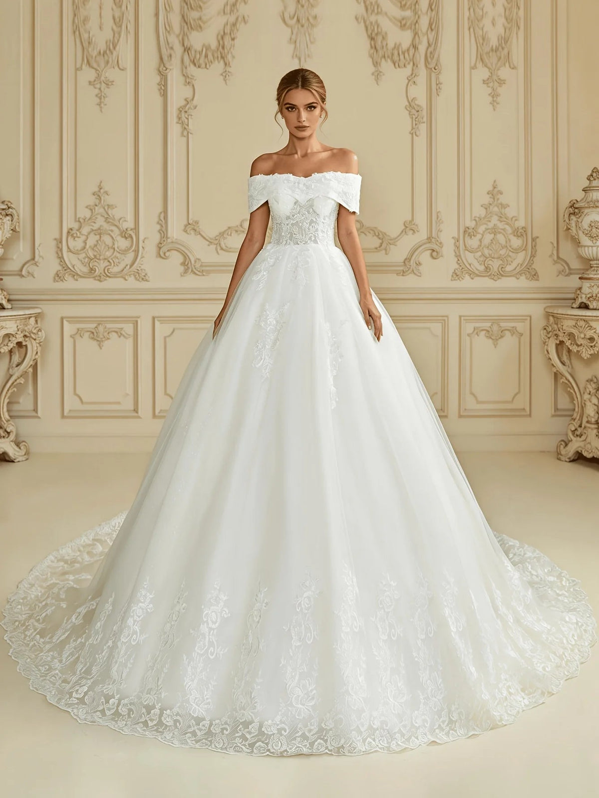 Ivory off-shoulder ball gown wedding dress with floral lace details and tulle skirt