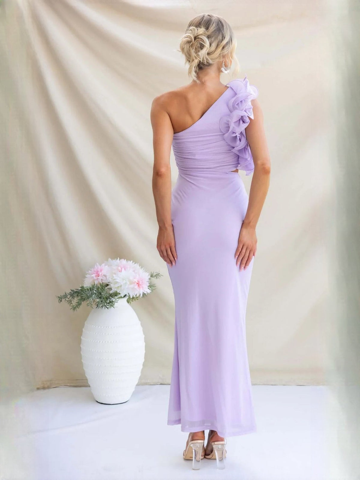 Purple sheath maxi formal dress with ruffle details, full-length back view
