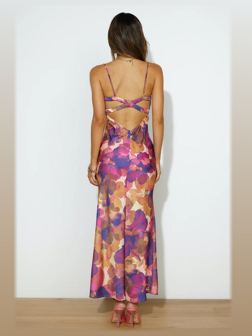 Purple midi formal dress, back full-length view showing the bodice