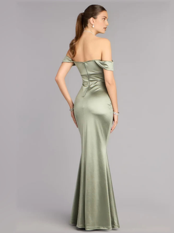 Sage green satin off-shoulder formal dress with back view and floor-length mermaid hem
