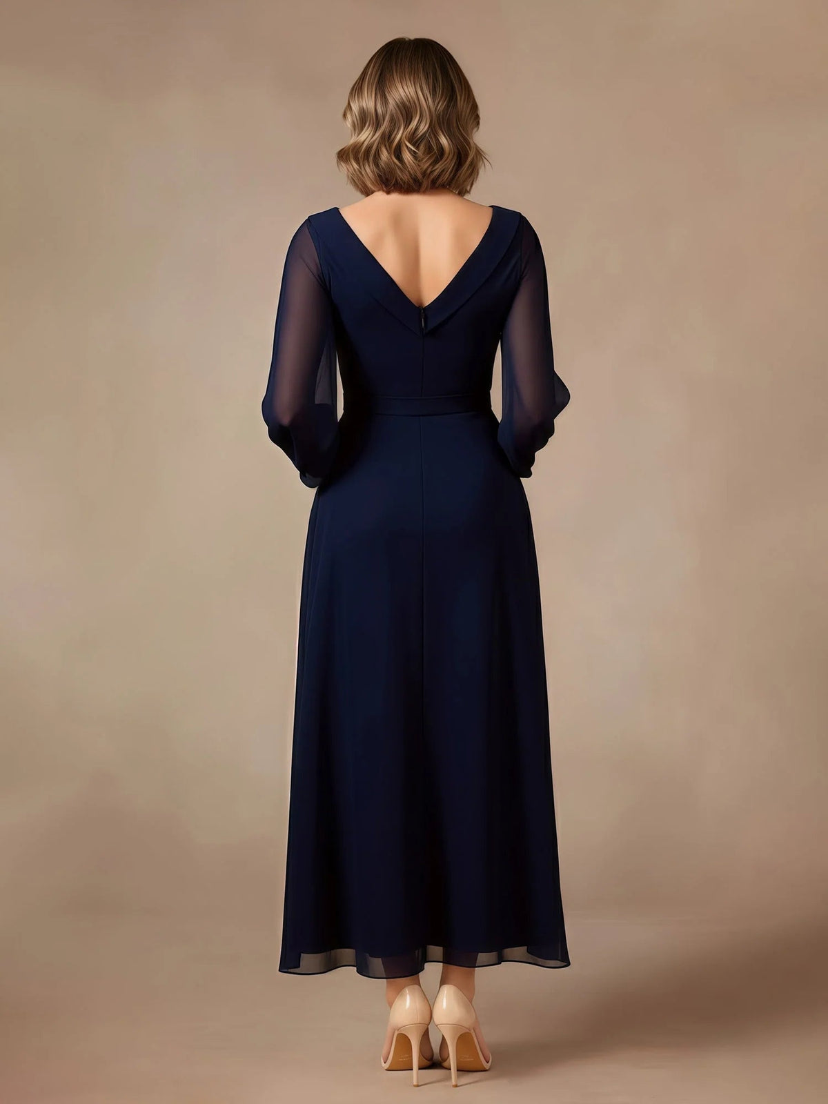 Dark navy V-neck A-line dress, open-back with sheer chiffon sleeves