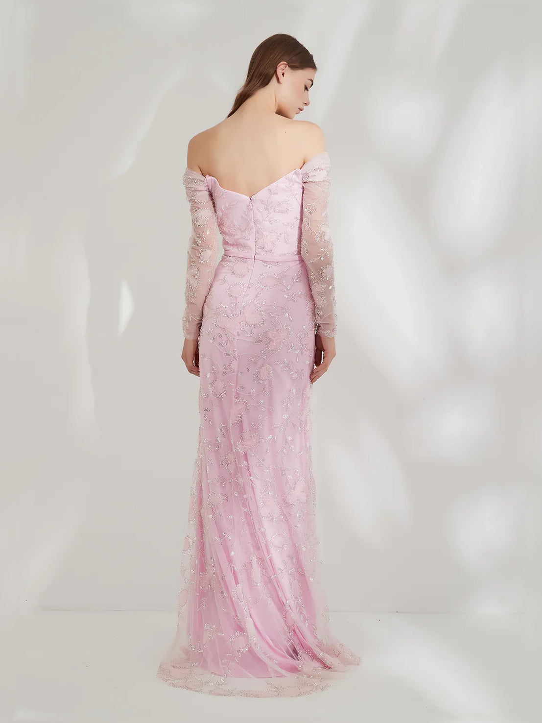 Blush pink floral off-shoulder long-sleeve formal dress, floor-length, back view