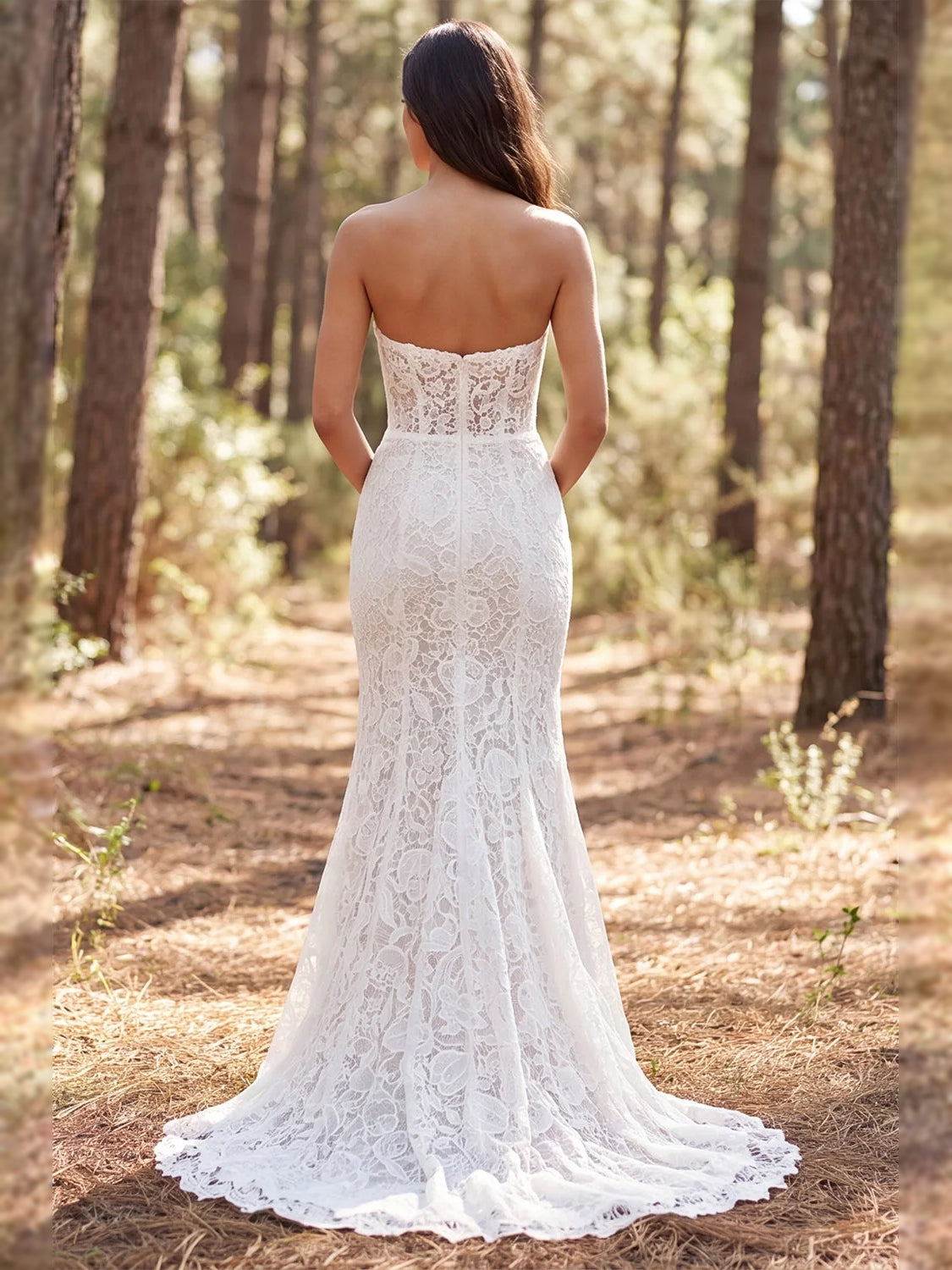 Ivory strapless lace mermaid wedding dress, open back, with ruffled chiffon overlay