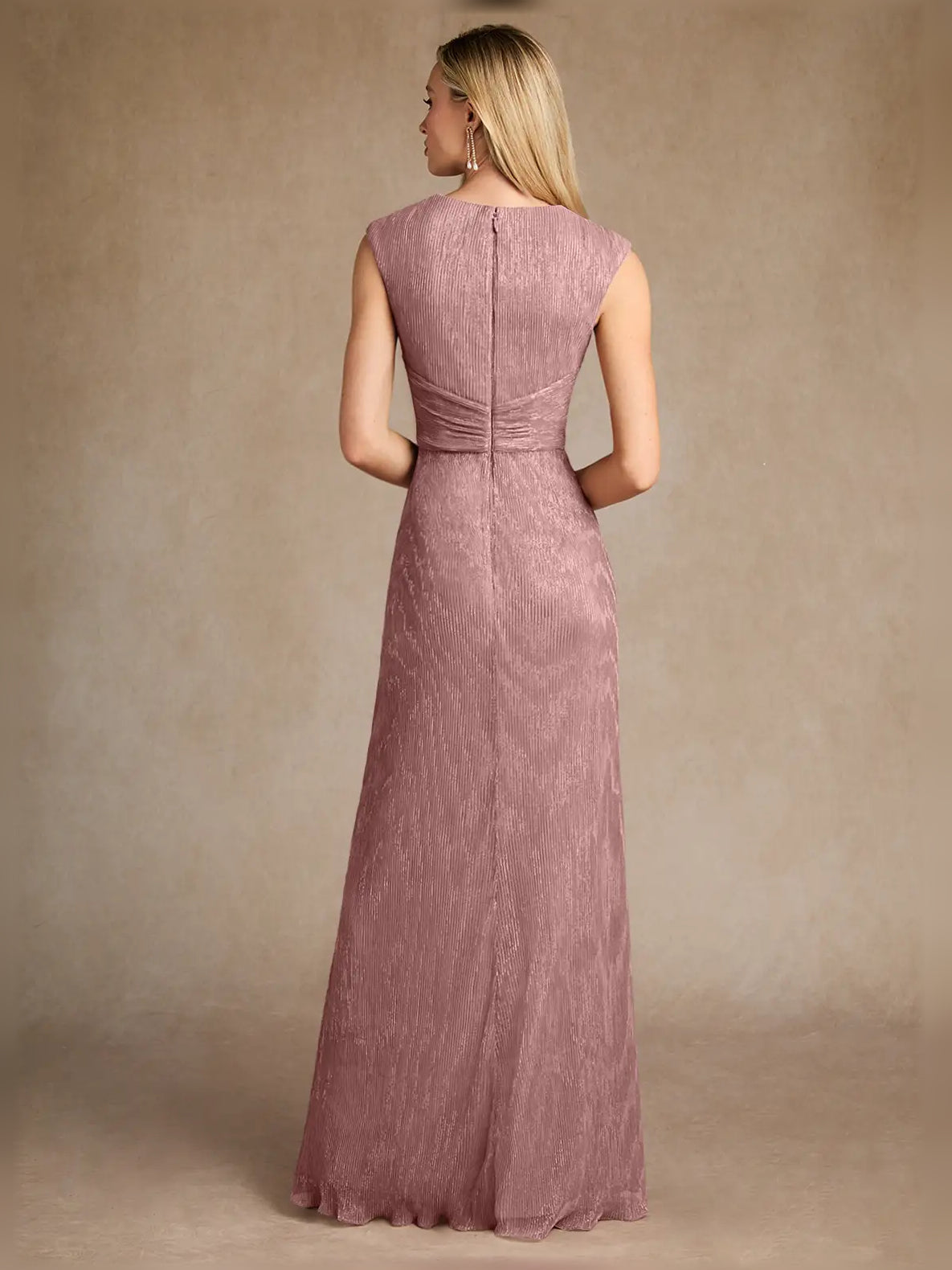 Dusty rose back view maxi sheath dress with ruched waist and long pleated skirt