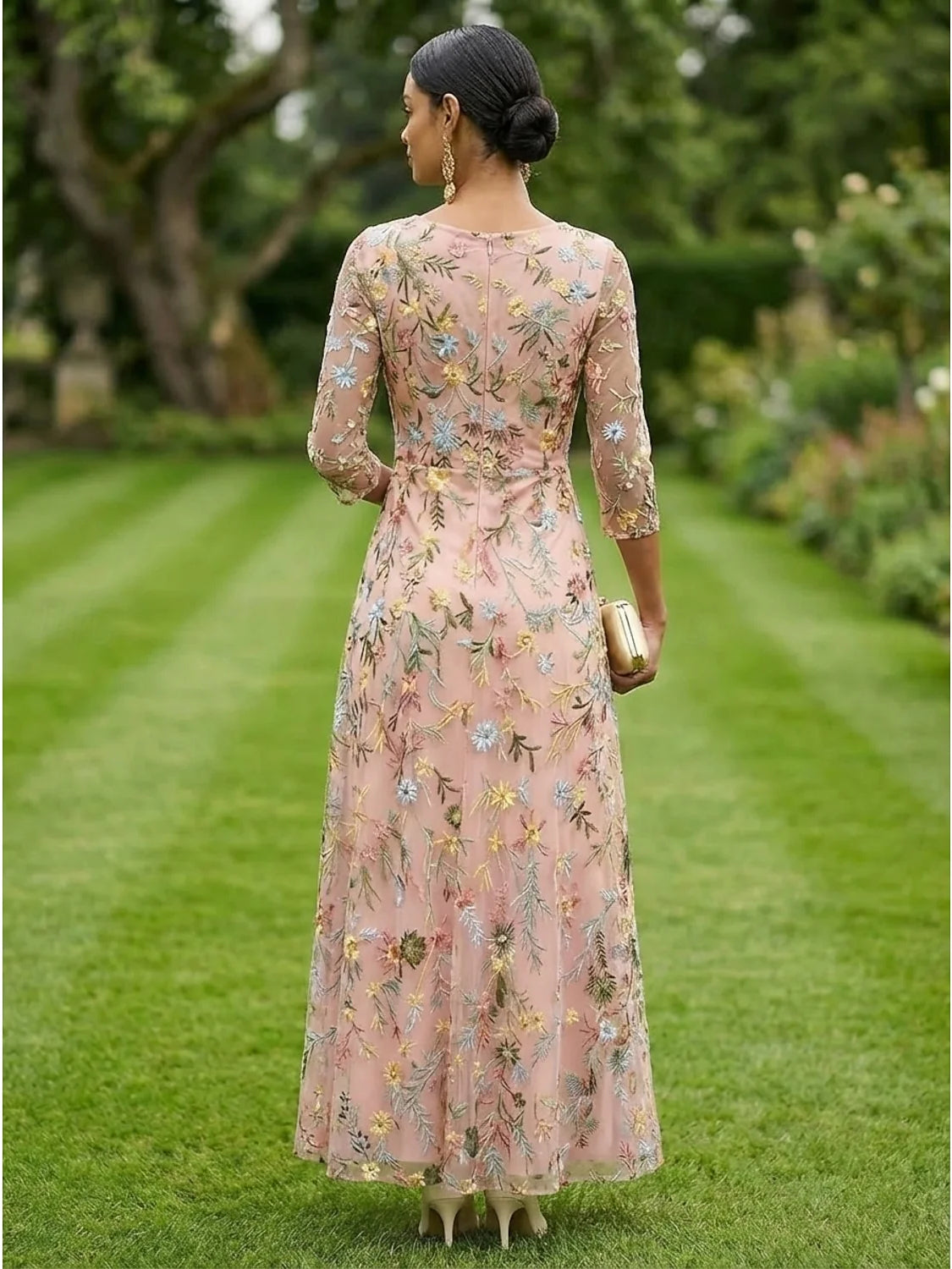 Pink embroidered floral V-neck A-line tulle dress with 3/4 sleeves, back view