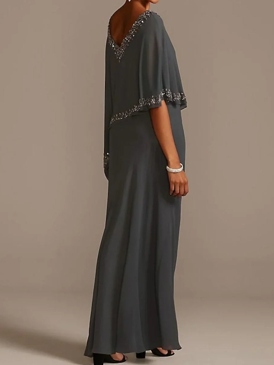 Gray beaded V-neck chiffon maxi dress with draped cape sleeves and flowing A-line skirt