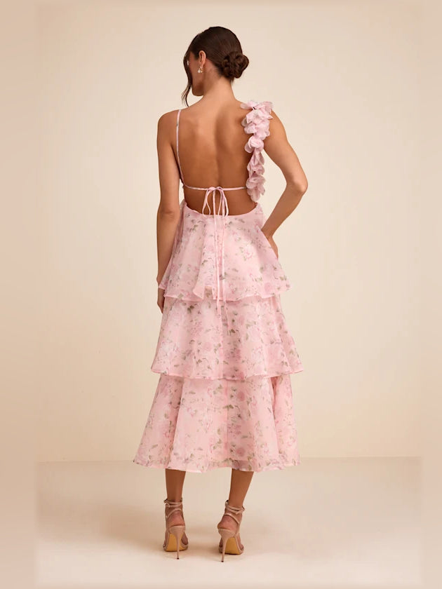 Daleyza light pink floral organza midi dress, open back crisscross straps, tiered ruffles