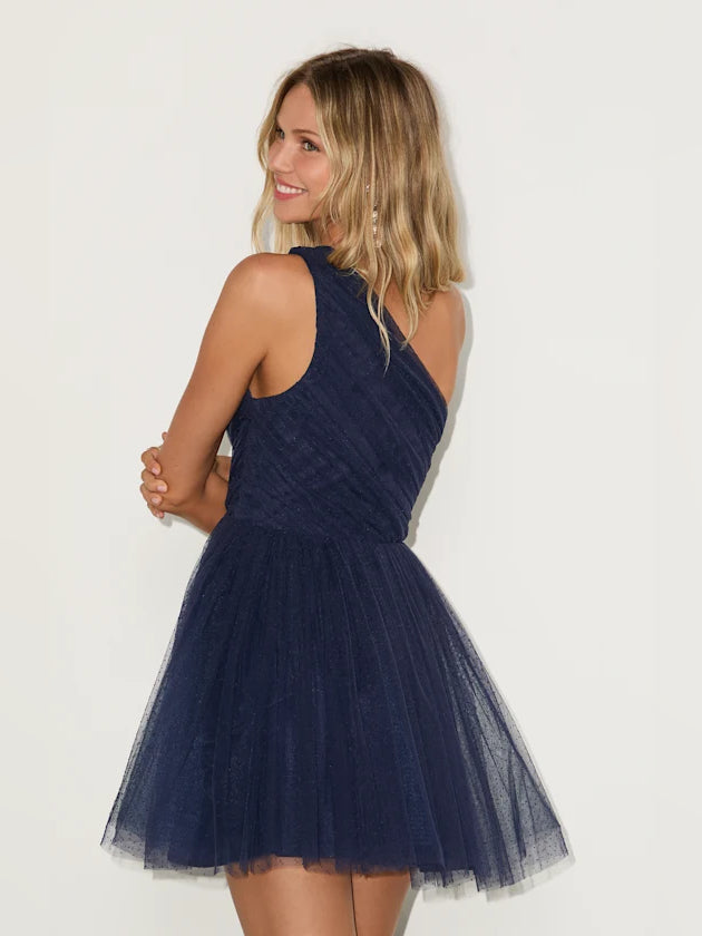Navy one-shoulder mini dress with textured wrap-style bodice and flared tulle skirt