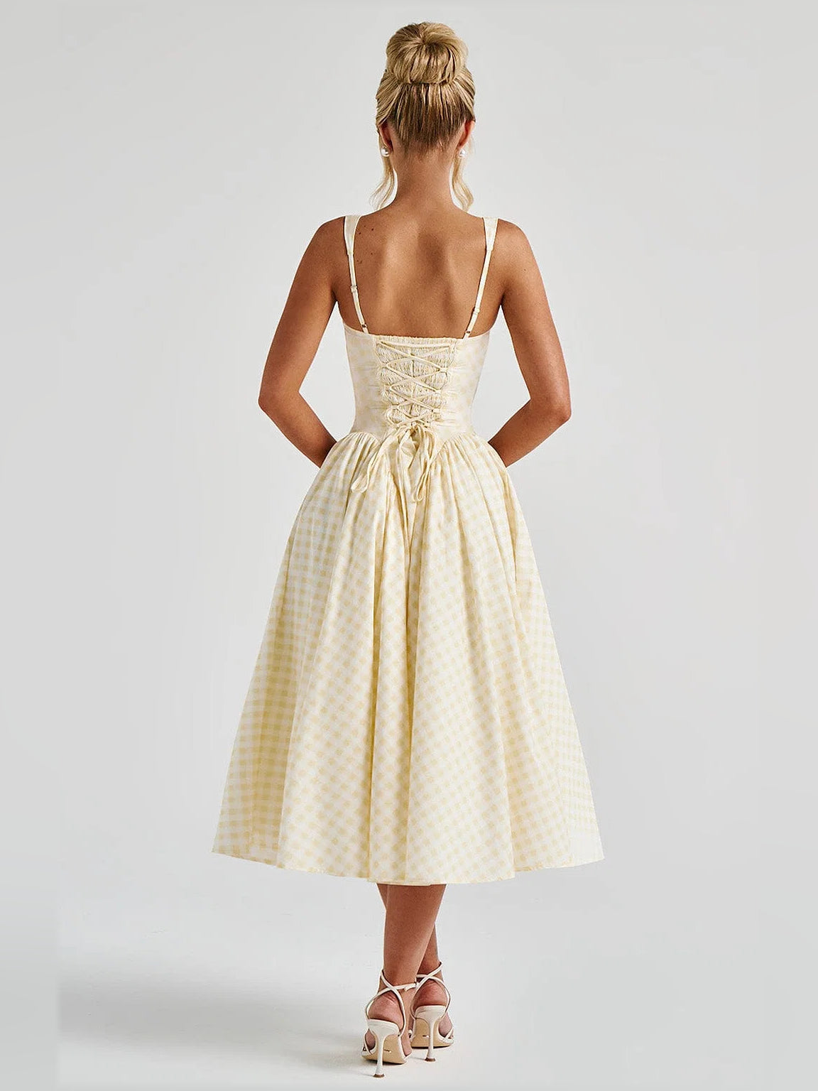 Lemon gingham midi formal dress with lace-up open back, thin straps, and full gathered skirt