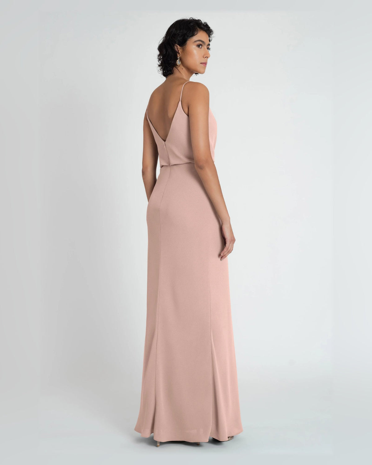 Apricot draped cowl-neck A-line formal dress, floor-length, open back