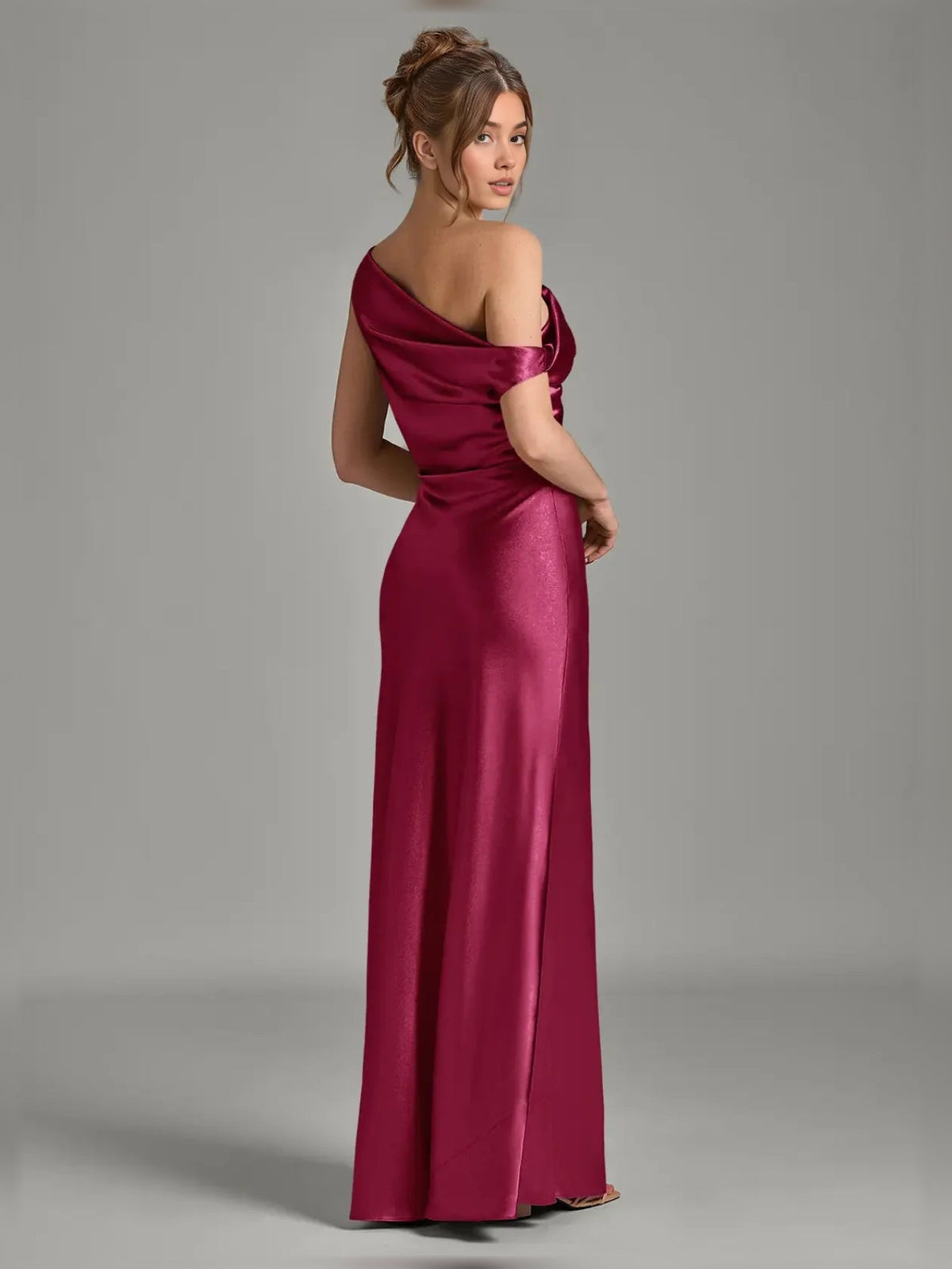 Off-shoulder satin mermaid dress in burgundy, floor-length angled back view