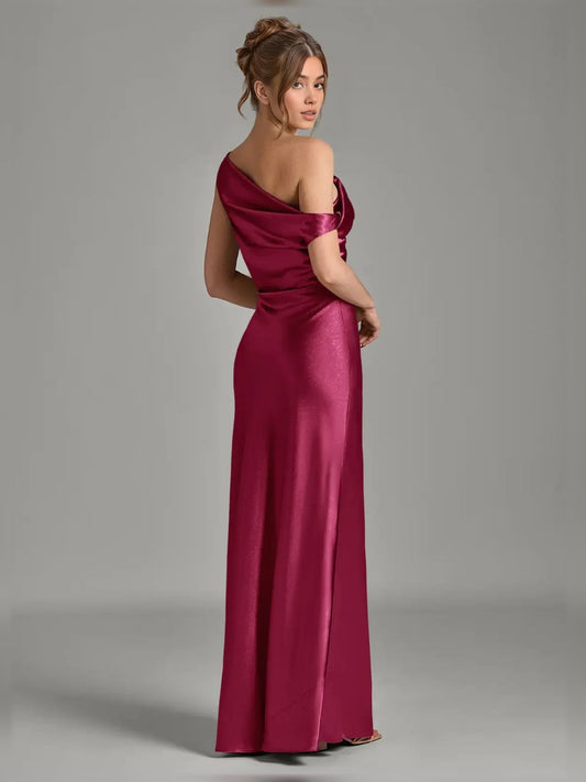 Off-shoulder satin mermaid dress in burgundy, floor-length angled back view