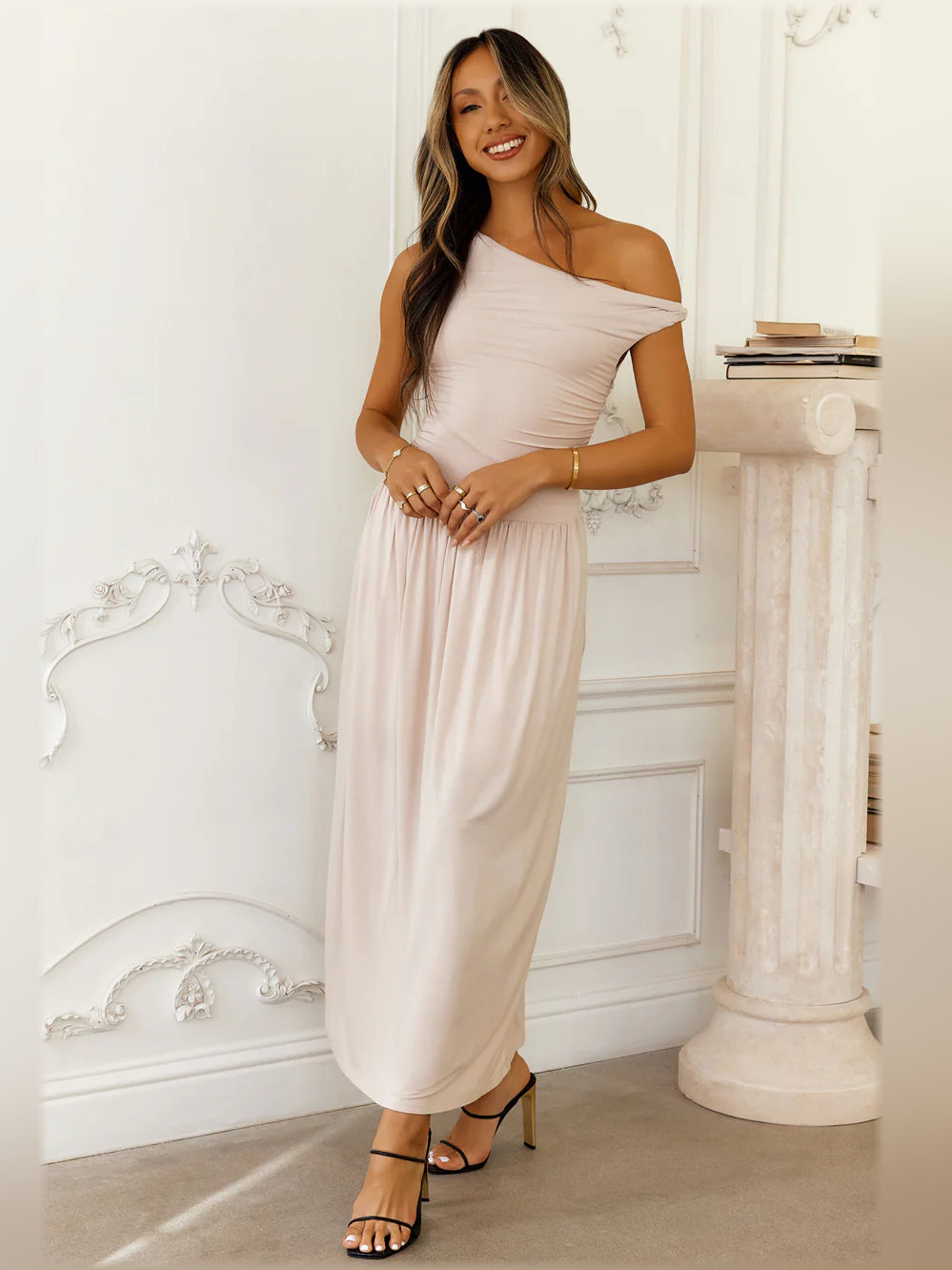 Sand off-shoulder sleeveless midi dress, draped ruched bodice and flowy skirt