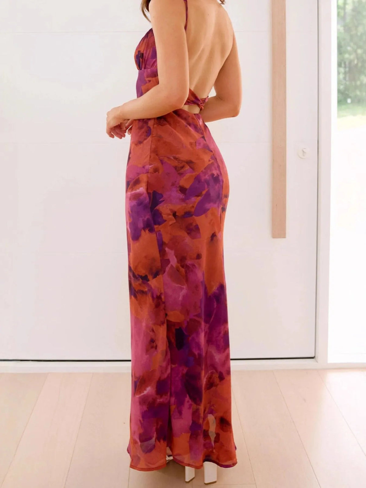 Orange Purple Floral Print sheath maxi formal dress with cutout detail, full-length back view