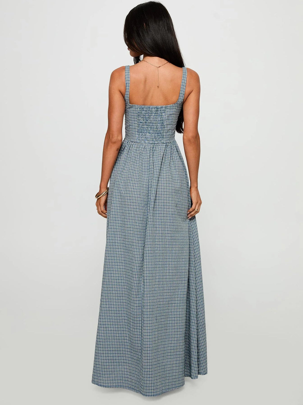 Navy a-line maxi formal dress with printed pattern, full-length back view